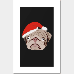 Christmas Pug wearing Santa Hat Posters and Art